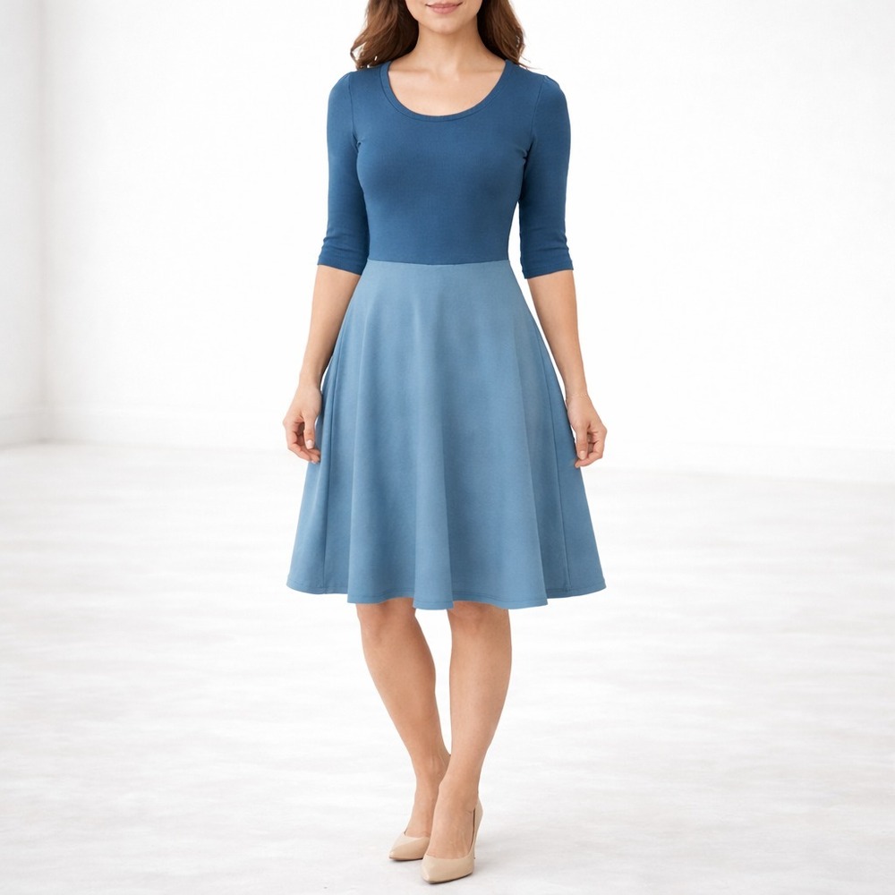 LuLaRoe Nicole Dress L Blue Fit Flare Unicorn Advertising Print Circle Skirt